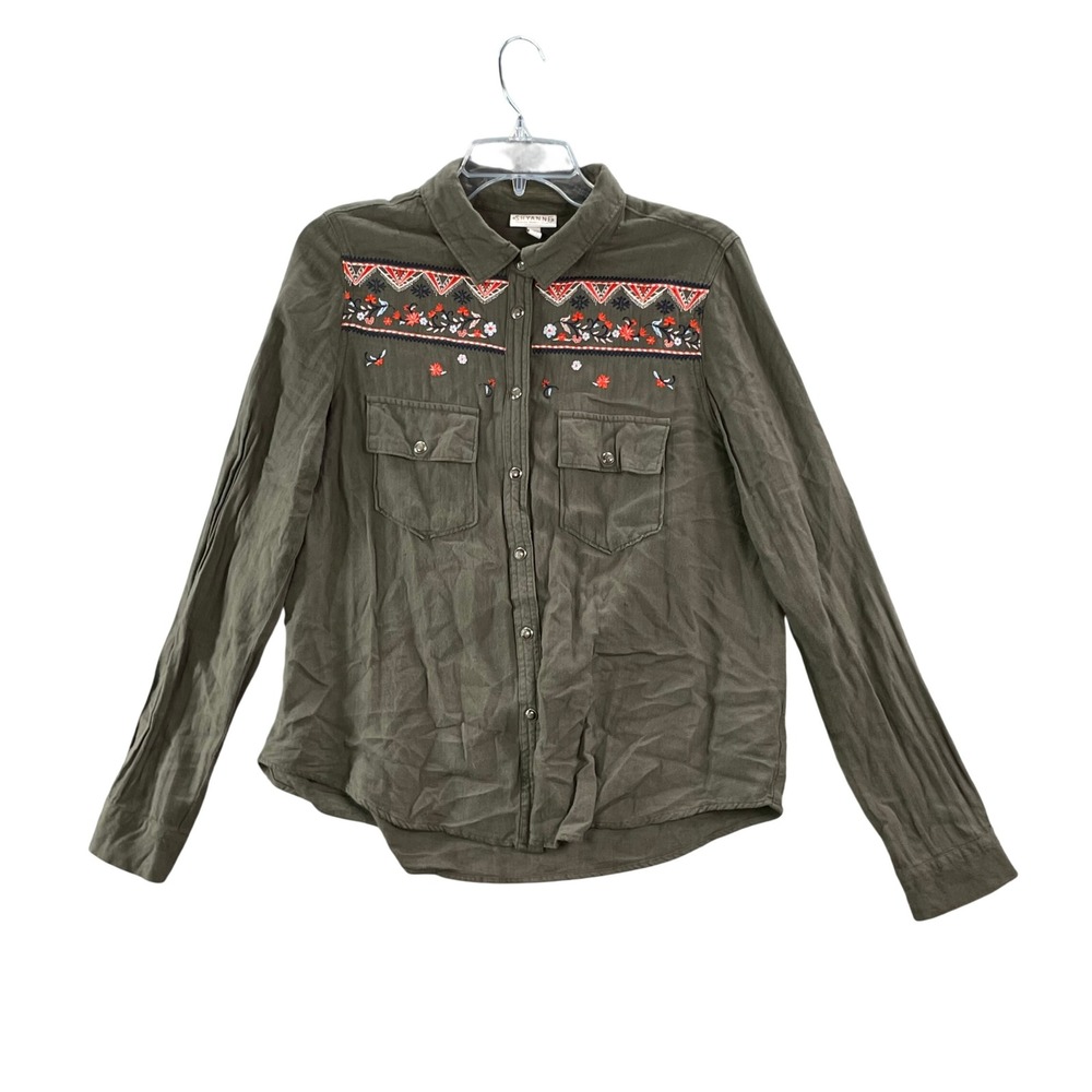 Shyanne Embroidered Button Up Shirt Womens Medium Green Western Boho Academia